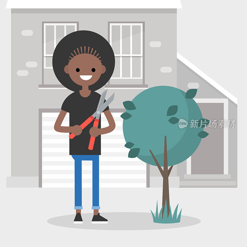 年轻的黑人女孩正在用修枝机修剪灌木。园艺。季节性工作在花园/平面可编辑矢量插图